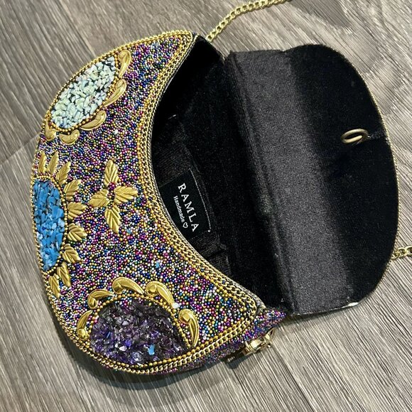 Ramla Beaded Clutch Purple Multicolor Mosaic Chain Strap Handmade NEW Prom - Picture 14 of 15